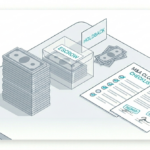 Isometric desk scene with stacked money, an escrow box, holdback sign, and a purchase agreement on the right; closing tag nearby.