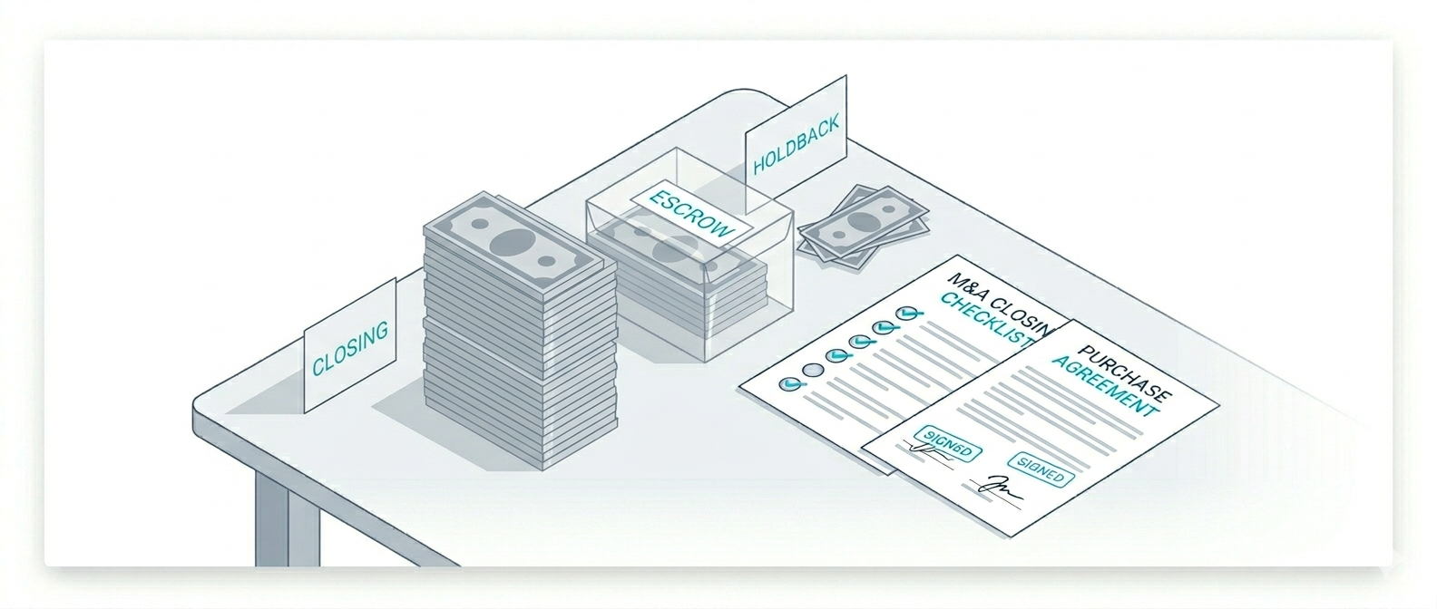 Isometric desk scene with stacked money, an escrow box, holdback sign, and a purchase agreement on the right; closing tag nearby.
