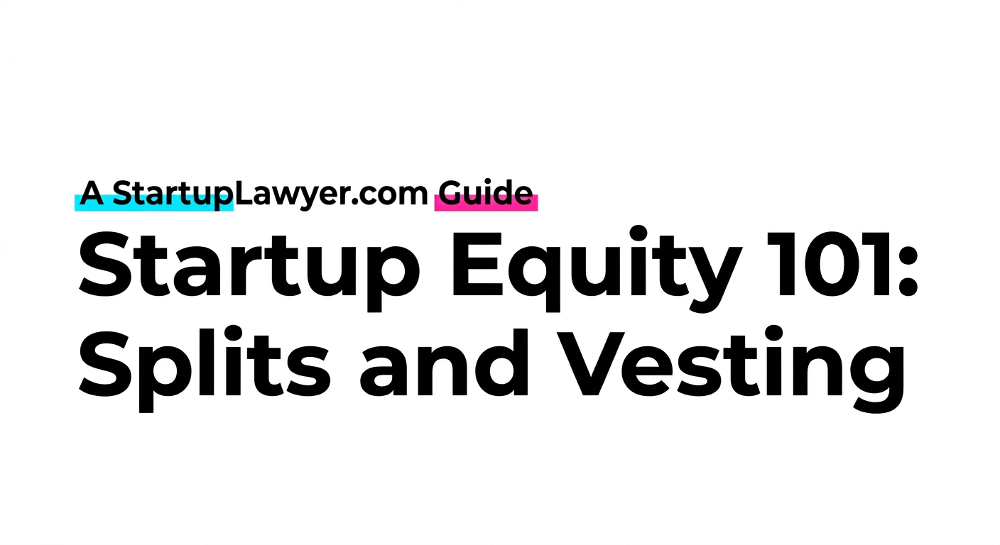 Bold hero banner reading "Startup Equity 101: Splits and Vesting" with a smaller caption above: "A StartupLawyer.com Guide"