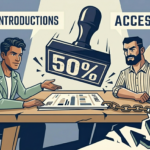 Cartoon business meeting around a table with three people; a large 50% sign floats above; banners read Introductions and Access; a chain links to a tag that says Cap Table Overhang.