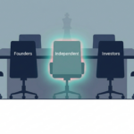 Boardroom with five chairs around a table; the glowing center chair is labeled Independent, with Founders and Investors chairs nearby.