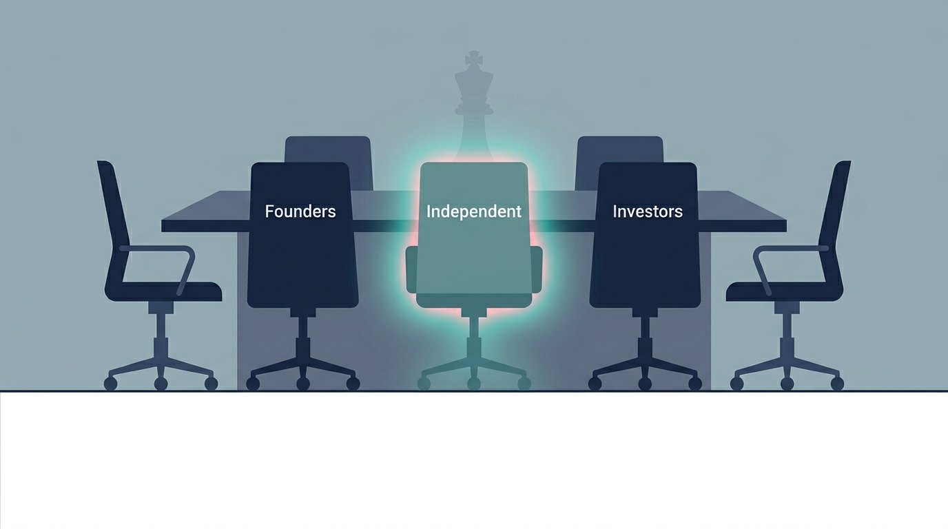 Boardroom with five chairs around a table; the glowing center chair is labeled Independent, with Founders and Investors chairs nearby.